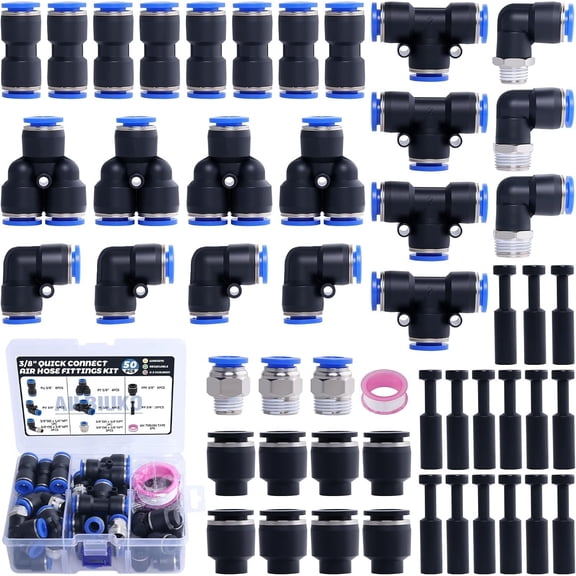 50 count 3/8" Quick Connect Air Hose Fitting  Kit,Push to Connect Fittings 1/4" 3/8" NPT Thread Pneumatic Air Line Quick Connect Quick Release Fitting Kit