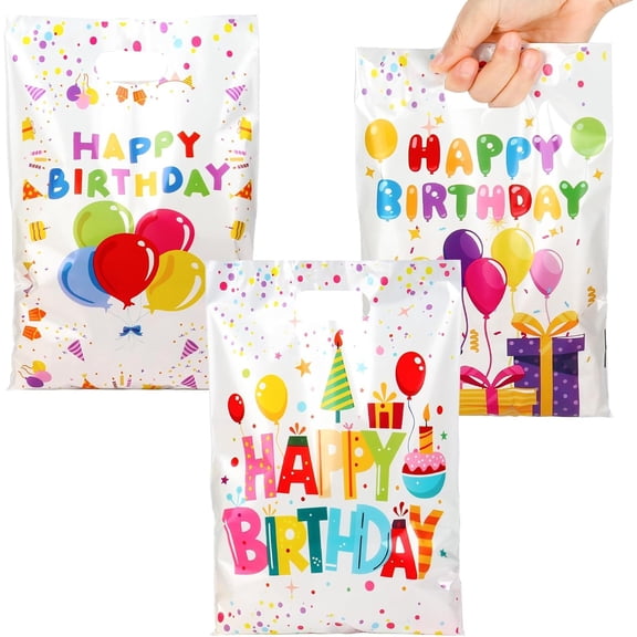 50 count Birthday Party Favor Bags - 6.5 x 9.8 Inch Happy Birthday Goodie Bags with Handles - Plastic Bags for Girls & Boys, Party Supplies, Packaging Candy, Toys and Party Favors