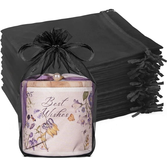 50 count Black Organza Bags 6x9 Inches, Large Mesh Bags Drawstring for Crafts Soap Candy, Mesh Bag Drawstring for Easter Gifts Wedding Party Favors Shower