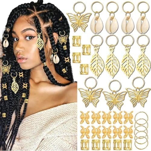 50 count Butterfly Hair Dreadlock Cuffs for Dreadlocks, Shell Loc , Metal Braids Clips Rings Hair Decoration Accessories for Women and Girls