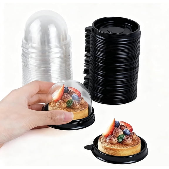 50 count Clear Plastic Mini Cake Box with Dome , Mini Muffin Container Box Mooncake Dome Box Pastry Baking Packaging Boxes Wedding Birthday Gifts Supplies (Black Base)