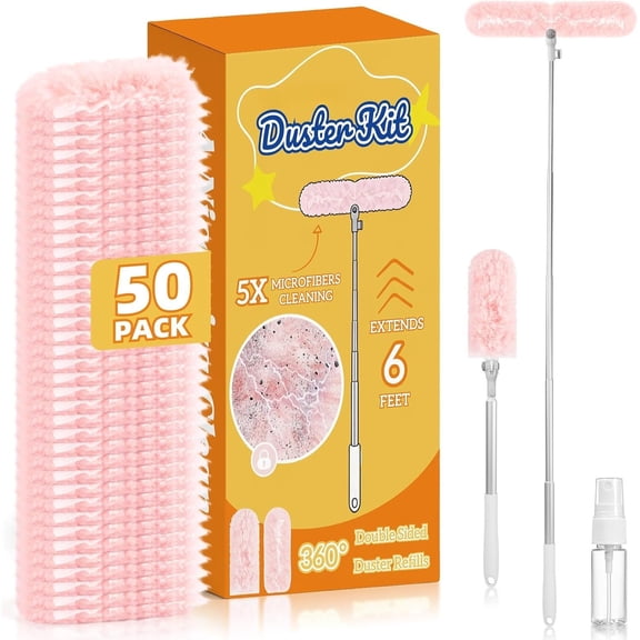 50 count Duster Refills with 6 FT Extendable Handle, Heavy Duty Duster Refills Kit Compatible with , 360 Disposable Microfiber Duster Pads for Ceiling Fan, Blind & Hard to  Areas Cleaning