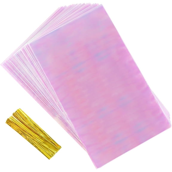 50 count Iridescent Cellophane Bags Holographic Bags with Twist Ties for Party Favors Candy Cookie Holographic Clear Plastic Goodie Bag for Birthday Weddings Easter Valentines