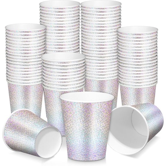 50 count Iridescent Foil Paper Cups 9 oz Disposable Holographic Party Shimmer Cup Glitter Rainbow Disco Tumbler for Hot Cold Drink Birthday Shower Wedding Favors