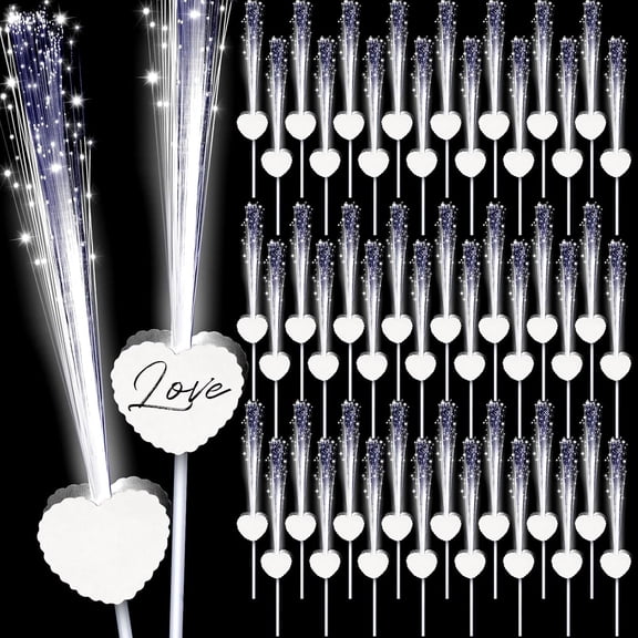 50 count LED Wedding Sparklers Glow Sticks Heart Shape Long Fiber Optic Wands with 3 Light Modes for Send Off Reception Valentine Proposal Carnival Birthday Party Supplies Dance Floor Prop (White)