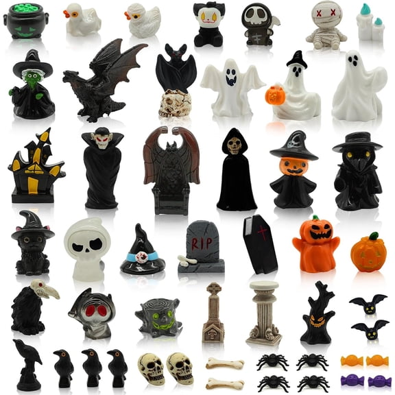 50 count Mini Halloween Figurines, Halloween Miniatures for Decorations, Mini Figures Pumpkin Skull, Spooky Party Favor Bag Fillers, Dollhouse & Garden Decor