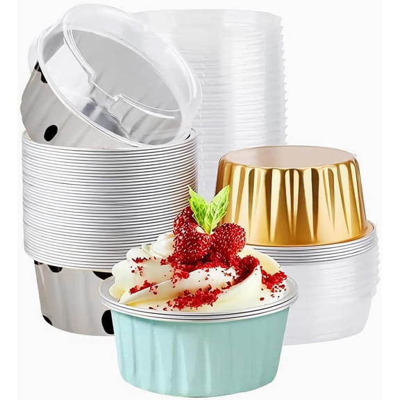 50 count Mixed color Disposable Ramekins with ,5oz Mini Aluminium Foil Baking Cups Creme Brulee Cupcake Liners, Desert Cheesecake Pans Flan Molds Tin Cups Containers for Party