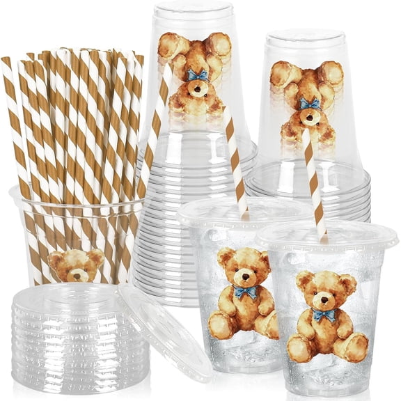 50 count Plastic Cups with Straws 12oz Cute Brown Disposable Cups Watercolor Clear Drinking Cup for Shower Birthday Party Supplies