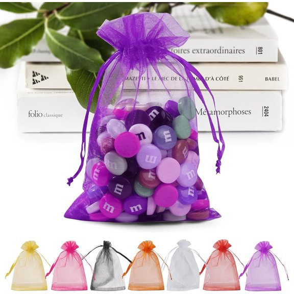 50 count Purple Organza Bags 5x7 Inch, Small Mesh Bag for Candy Sachet Craft, Small Mesh Bags with Drawstring for Party Wedding Favor & Easter