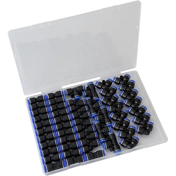 50 count Quick Connect Air Hose Fittings Kit - 1/4 Inch OD Push to Connect Fittings Pneumatic Fittings, 20 Straight+15 Elbows+6 tee+6 Spliters+3 Reducer Union