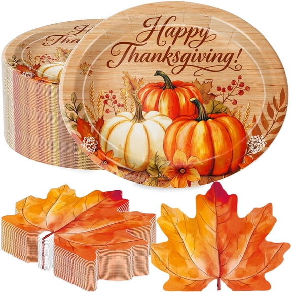 50 count Thanksgiving Paper Plates Large 9" X 11" Woodgrain Pumpkins Oval Plates Maple Leaf Napkins Disposable Autumn Dinnerware for Harvest Thanksgiving Party Decorations