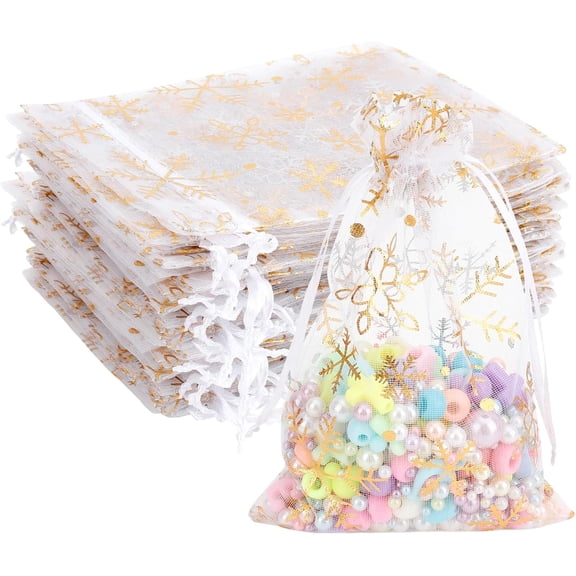 50 count White Christmas Organza Bags(4x6 Inch) Snowflake Mesh Bags for Holiday Gifts Candy Goodie Snack Wrap Christmas Winter Frozen Theme Party Decorations Favors Supplies Sachets Pouch