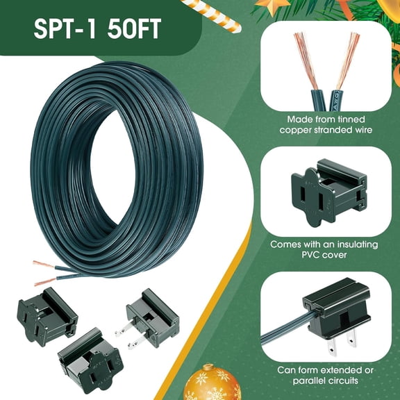 50 feet 18/2 wire with 6 plugs, 18 AWG/gauge for LED light strips, light extension cords, residential outdoor commercial industrial use, green