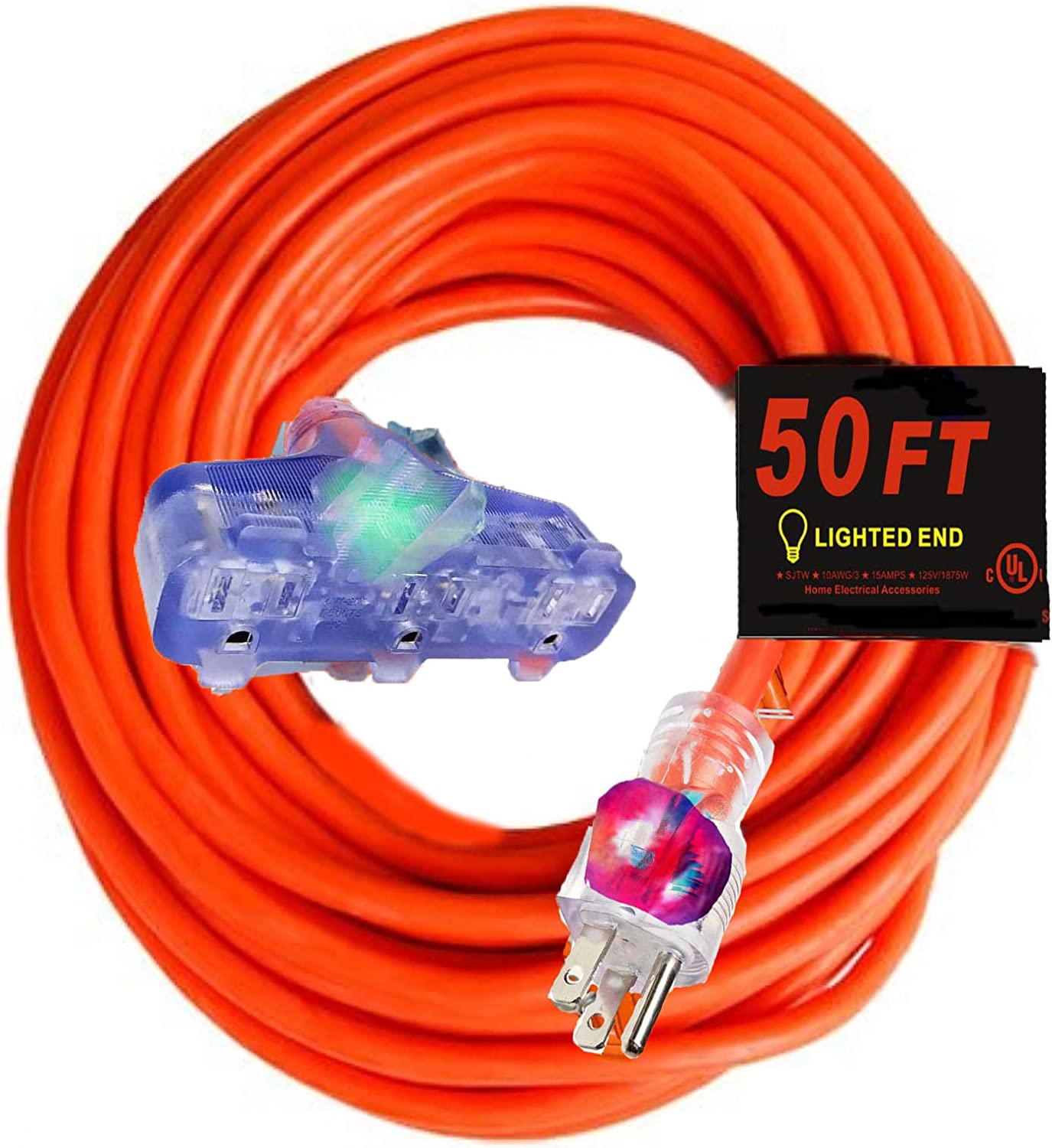 50 ft 10 Gauge Extension Cord Heavy Duty Indoor Outdoor Triple Outlet