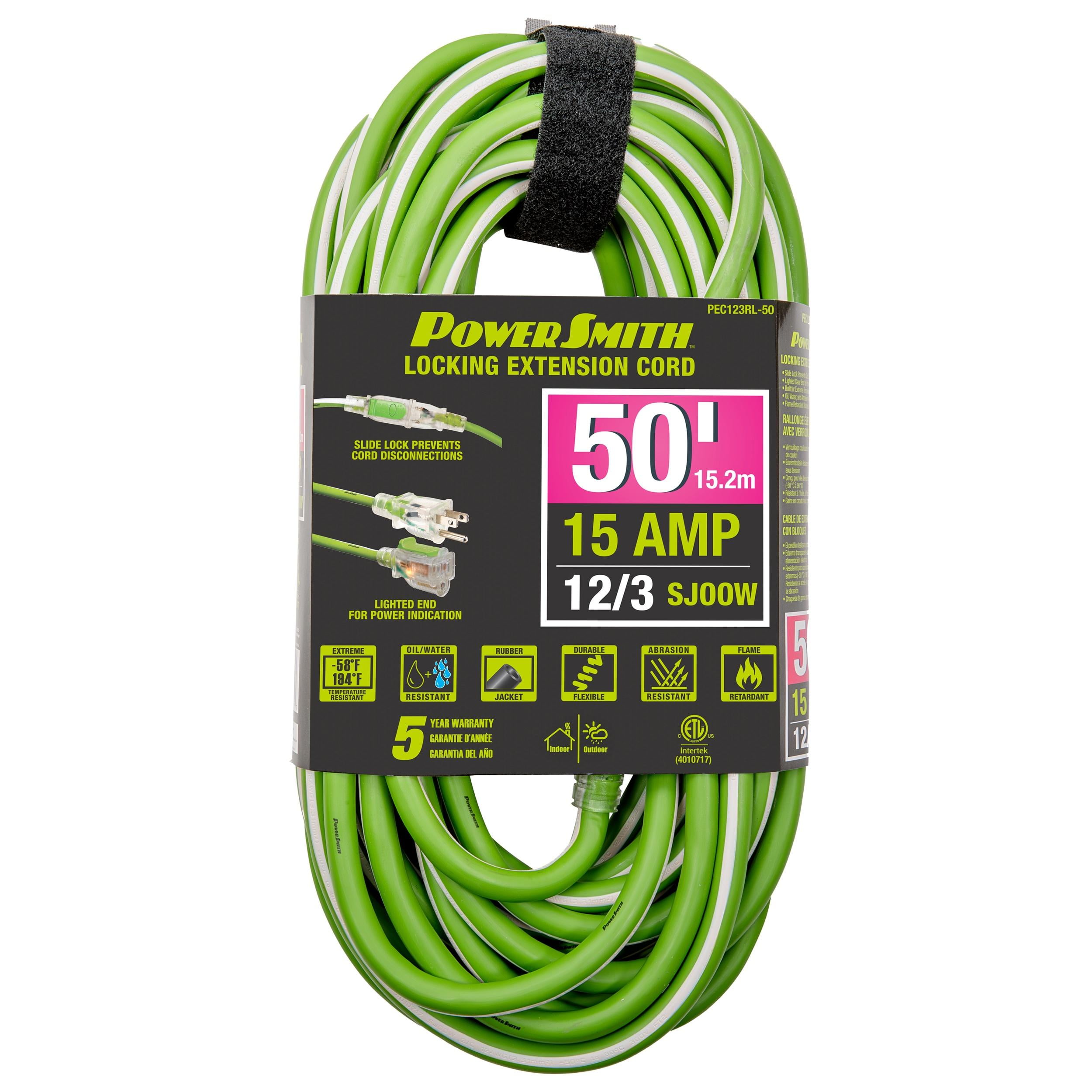 50 ft. 12/3 Super Premium Heavy Duty Extension Cord, Lighted, Locking, Flexible Rubber Jacket, -58F to 194F, Green