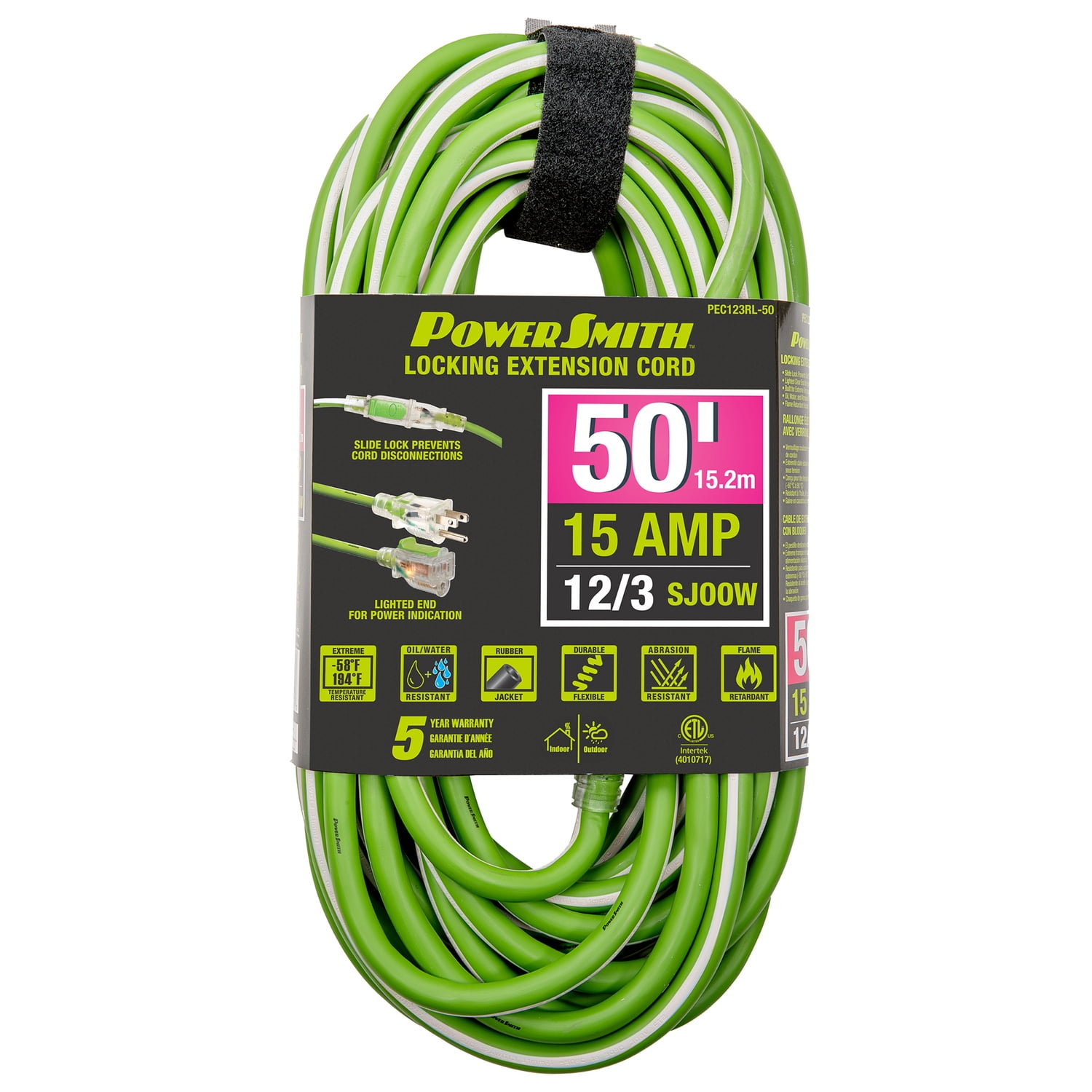 PowerSmith 1-Outlet 15-Amp 3-Prong Grounded Heavy-Duty Rubber-Jacket Outdoor Locking Extension Cord, 12-Gauge with Lighted Straight Plug, 50 Ft.