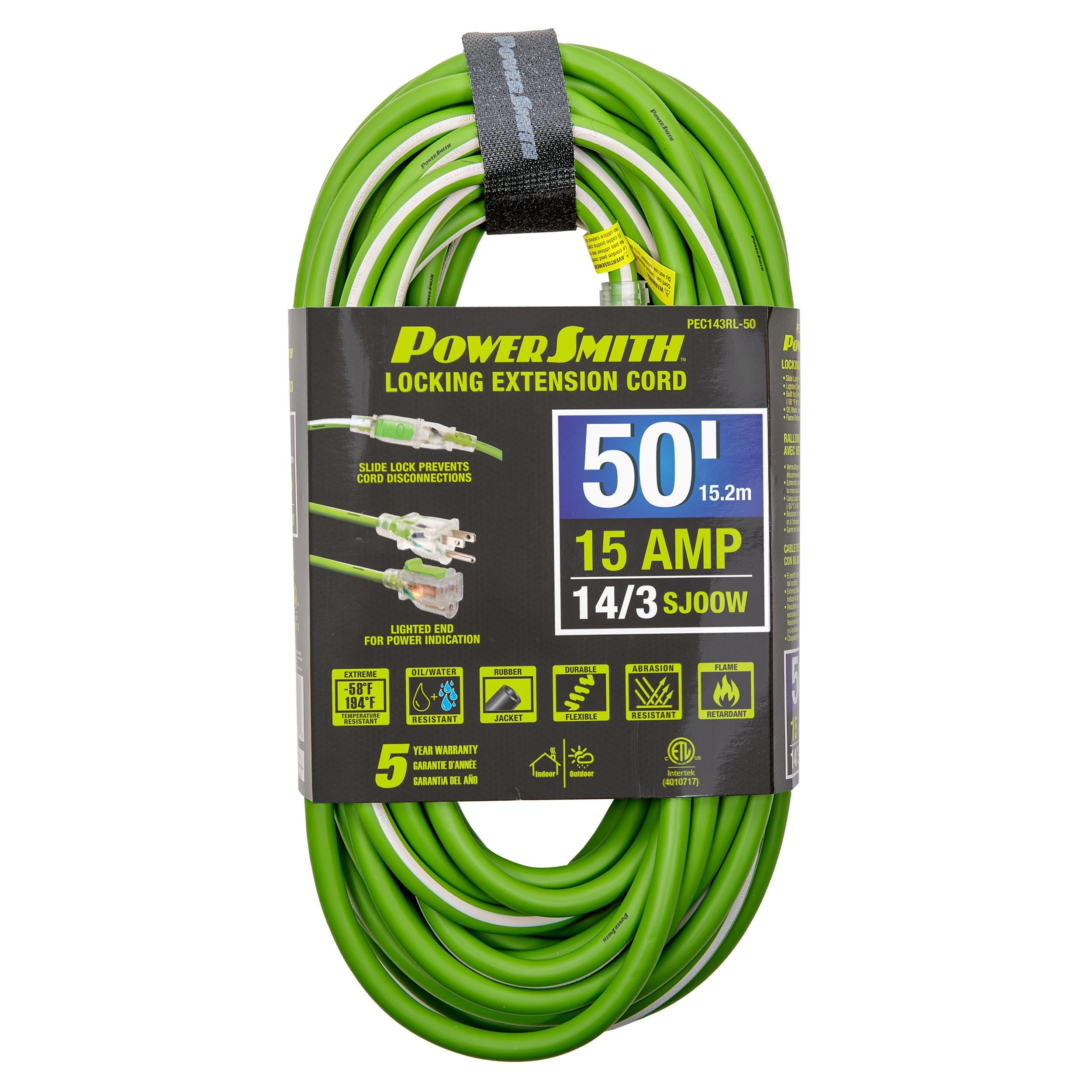 50 ft. 14/3 Super Premium Medium Duty Extension Cord, Lighted, Locking, Flexible Rubber Jacket, -58F to 194F, Green