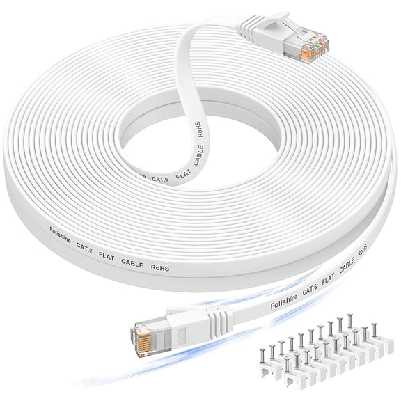 50 ft Ethernet Cable, Cat 6e/Cat 6, High Speed, Flat White Shielded LAN Cable for Ethernet Network Switch, PS4 and Modem