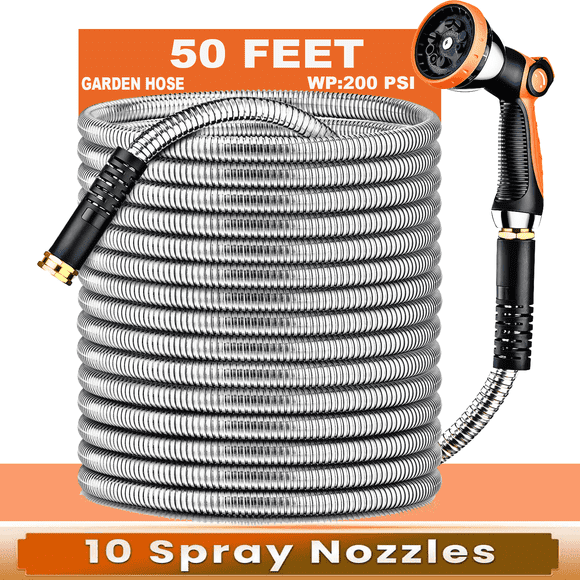 50 ft Metal Garden Hose, Stainless Steel Water Hose with 10 Function Nozzles, No Kinks, Lightweight Hose
