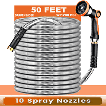 50 ft Metal Garden Hose, Stainless Steel Water Hose with 10 Function Nozzles, No Kinks, Lightweight Hose