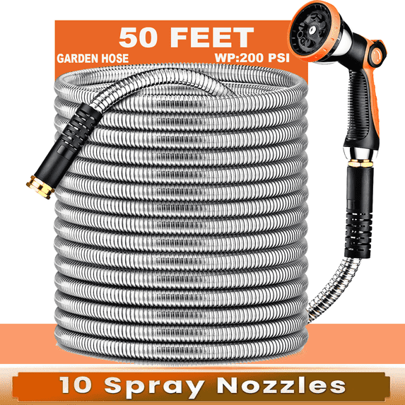 50 ft Metal Garden Hose, Stainless Steel Water Hose with 10 Function Nozzles, No Kinks, Lightweight Hose