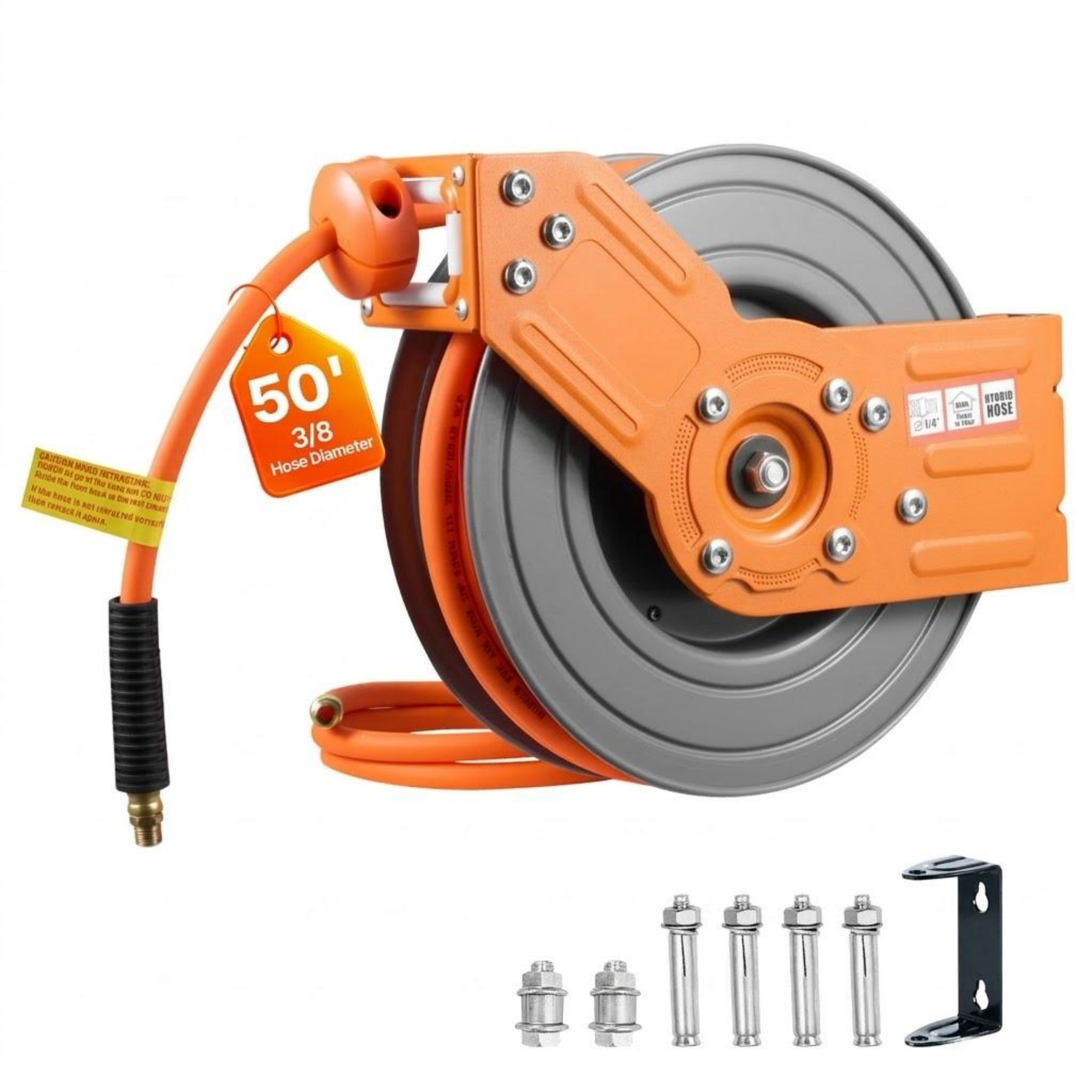 50 ft Retractable Air Hose Reel, 3/8" x 50' Hybrid Air Compressor Hose, 300 PSI Max with 180° Swivel Mount