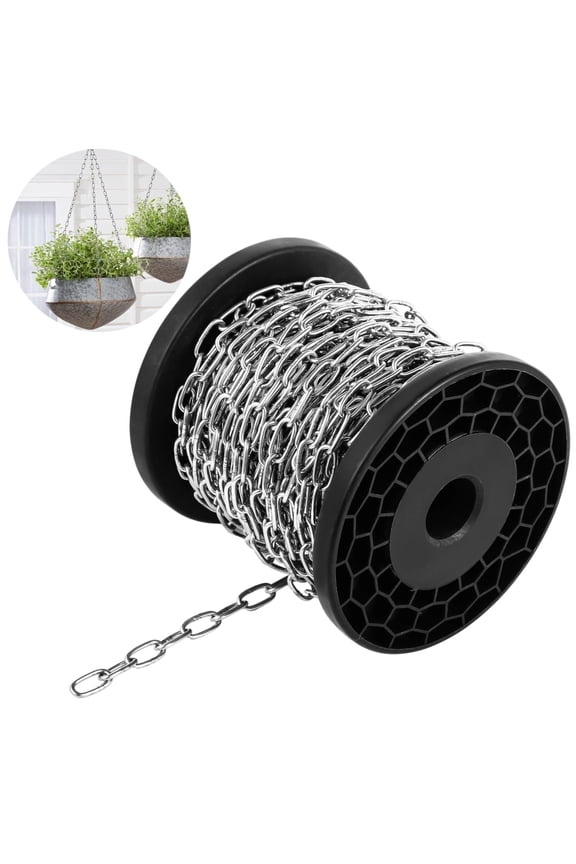 50 ft Stainless Steel Chain, 1/8" Silver Metal Link Chain on Spool, Rust-Resistant Utility Hanging Chain for Lights, Outdoor & Decor