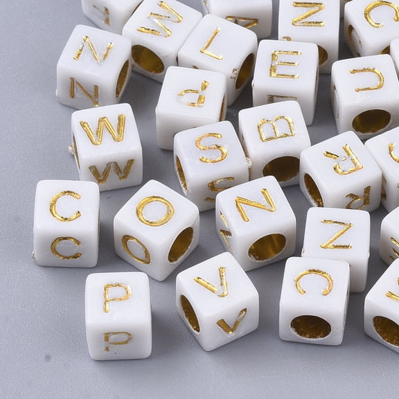 50 g Plated Acrylic Beads Horizontal Hole Cube with Random Initial Letter golden 6x6x6mm Hole: 3.5mm 327pcs/50g