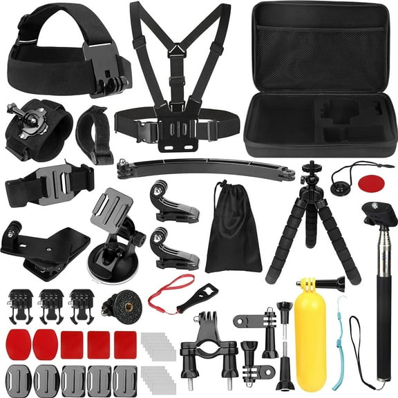 50-in-1 Action Camera Accessory Kit – Compatible with GoPro, DJI Osmo Action, Insta360, SJCAM and More – Includes Helmet, Chest, Head Mounts, Selfie Stick, Tripod, Car and Bike Mounts