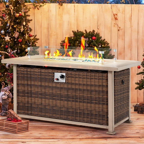 50 in Propane Fire Pit Table,Rattan Fire Pit Table with Glass Wind Guard,50,000 BTU Gas Firepits for Outside Output