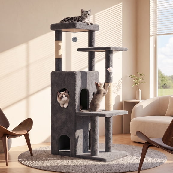 50-inch Cat Tree for Large Cats - Tall Cat Tree Tower with Sisal Scratching Posts & Dangling Toys for Indoor Cats , Dark Gray