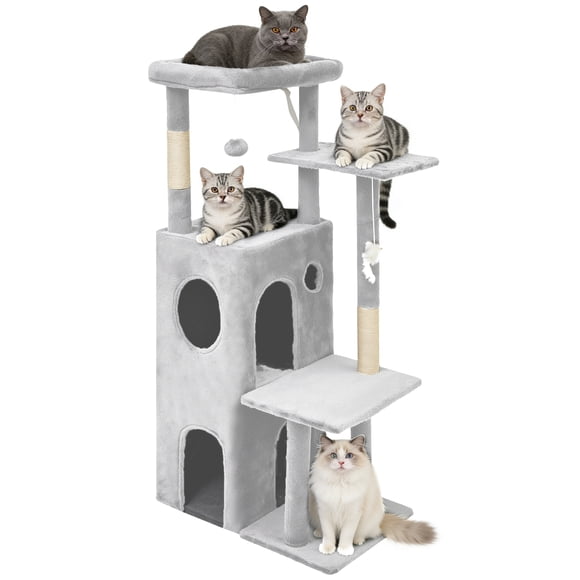 50-inch Cat Tree Tower for Large Cats - Cat House with 2 Caves, Steps, Scratching Posts & Dangling Toys, Light Gray