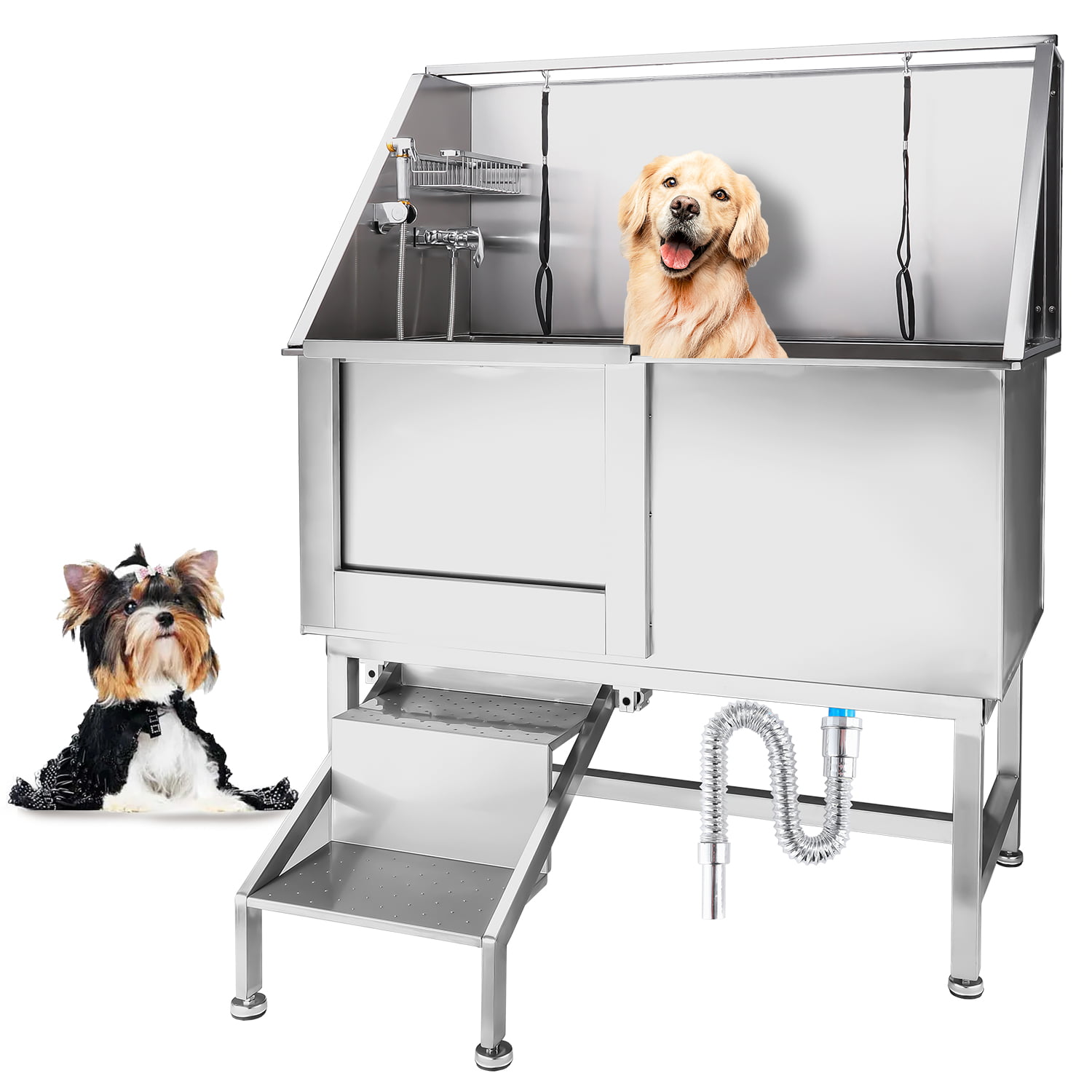 Bañera profesional de acero inoxidable para perros de 50 pulgadas con grifo  de pasos y accesorios, estación de lavado de perros, puerta derecha