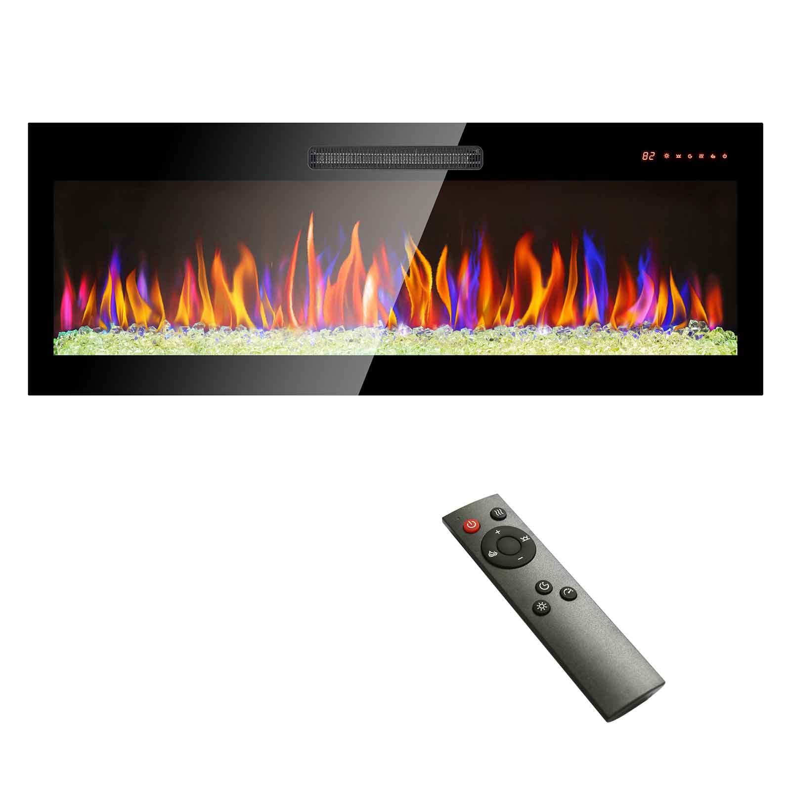 50-Inch Black Tempered Glass Wall Mounted Electric Fireplace with Remote
