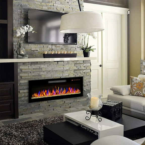 50 inch Recessed Ultra Thin Tempered Glass Front Wall Mounted Electric Fireplace with Remote and Multi Color Flame & Emberbed, LED Light Heater