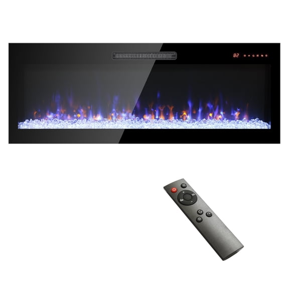 50 inch Recessed Wall Mounted Electric Fireplace with Remote, Ultra Thin Tempered Glass Front, Multi Color Flame & Ember Bed, LED Heater for Living Room, Antique Black