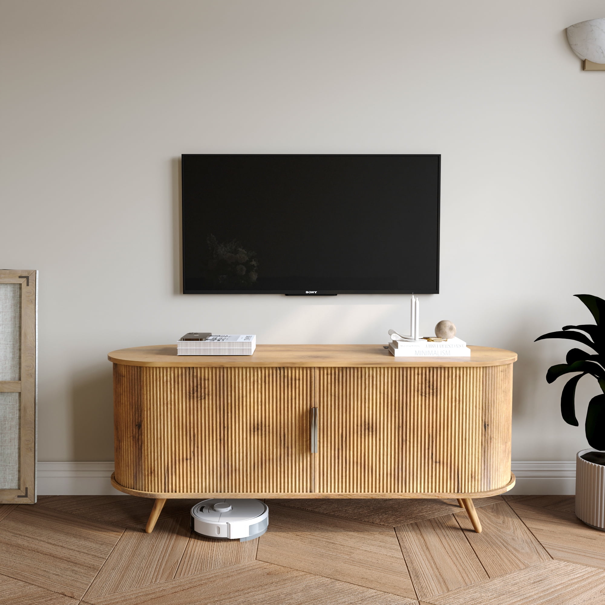 50 inch TV Stand with Power Outlet, Fluted Entertainment Center for TVs Up to 55 inch, Modern TV Console with Large Storage & Sliding Doors, Media Console for Living Room/Bedroom, Nature Oak