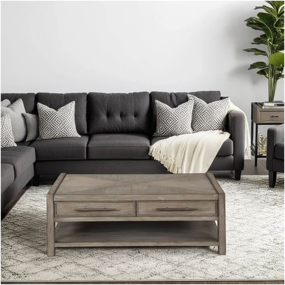 50 inch White Oak Coffee Table No Assembly Required, Transitional Design with 2 Drawers & Shelf for Living Room