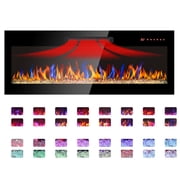 50 inch recessed ultra thin tempered glass front wall mounted electric fireplace with remote and multi color flame & emberbed, LED light heater