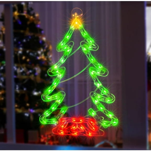 50 lightes 16" Lighted Tree Christmas Window Silhouette Decoration for Christmas,Party,Festival,Cafe,Home(Red and Green)