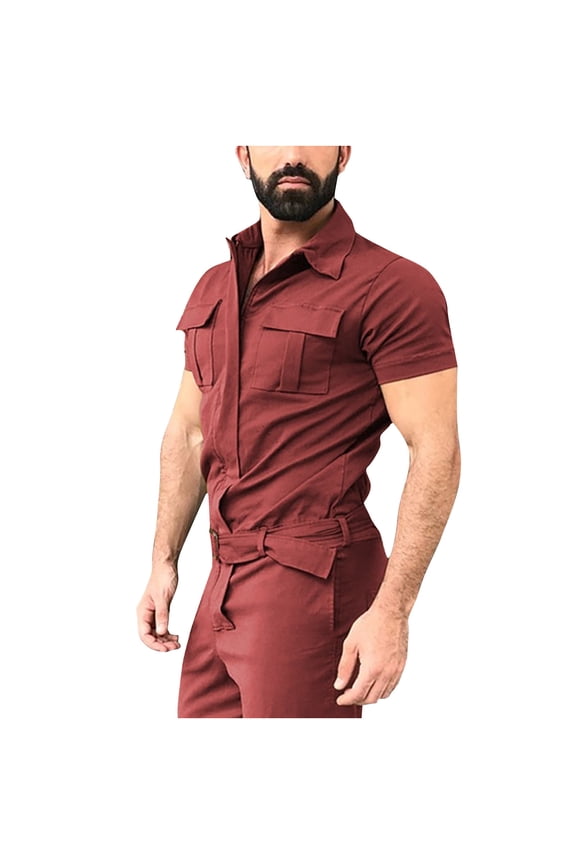 Men's Shorts Jumpsuit Rompers Summer Fashion Comfy Sale Solid Short Sleeve Lapel Pocket Button Trousers for Boys Red S