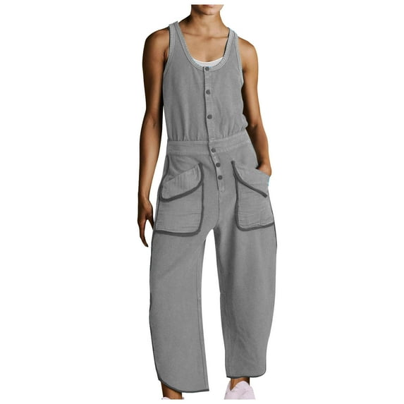 HAPIMO Women's Cotton Linen Jumpsuit Relaxed Fashion Solid Casual Sleeveless Square Neck Baggy Pocket Button Trousers Gray M
