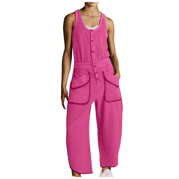 HAPIMO Women's Cotton Linen Jumpsuit Relaxed Fashion Solid Casual Sleeveless Square Neck Baggy Pocket Button Trousers Pink S