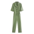 thumbnail image 1 of HAPIMO Women's Wide Leg Cotton Linen Jumpsuit Relaxed Solid Button Short Sleeve Lapel Trousers Fashion Casual Daily Green S, 1 of 4