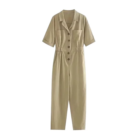 HAPIMO Women's Wide Leg Cotton Linen Jumpsuit Relaxed Solid Button Short Sleeve Lapel Trousers Fashion Casual Daily Yellow L