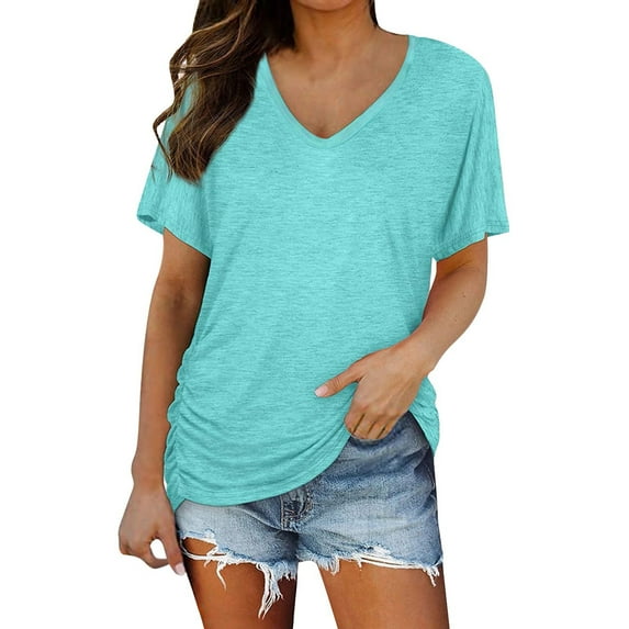Clear!Jiyugala Plus Size Tops Clothing $5 Short Sleeves V Neck Plain Color Soft Loose Fitting Summer T Shirts Women