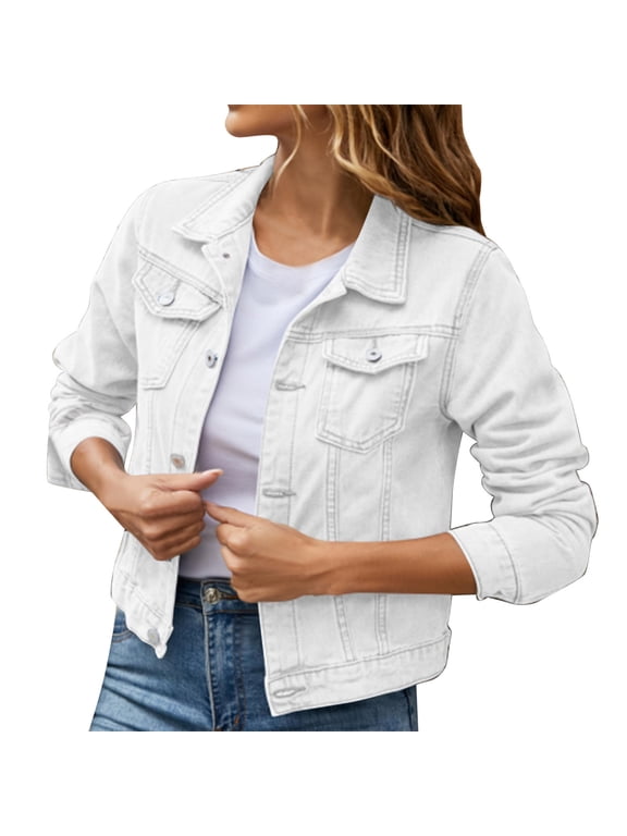 50% off Clear!Jiyugala Women's Denim Jackets Clearance $5 Women's Basic Solid Color Button Down Denim Cotton Jacket With Pockets Denim Jacket Coat