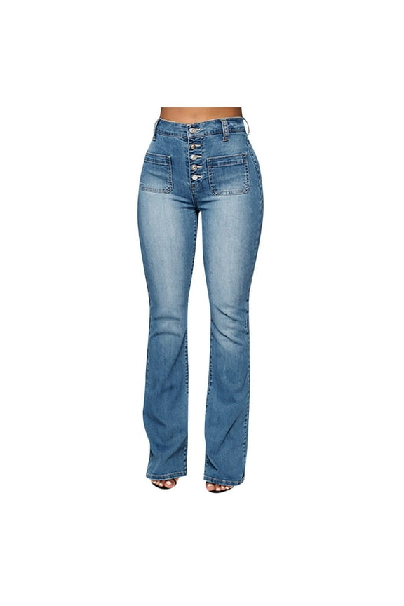Clear!Jiyugala Women's Jeans Clothing $5 Women Flare Jeans Mid Waist Bell Jeans Stretch Slim Pants Length Jeans