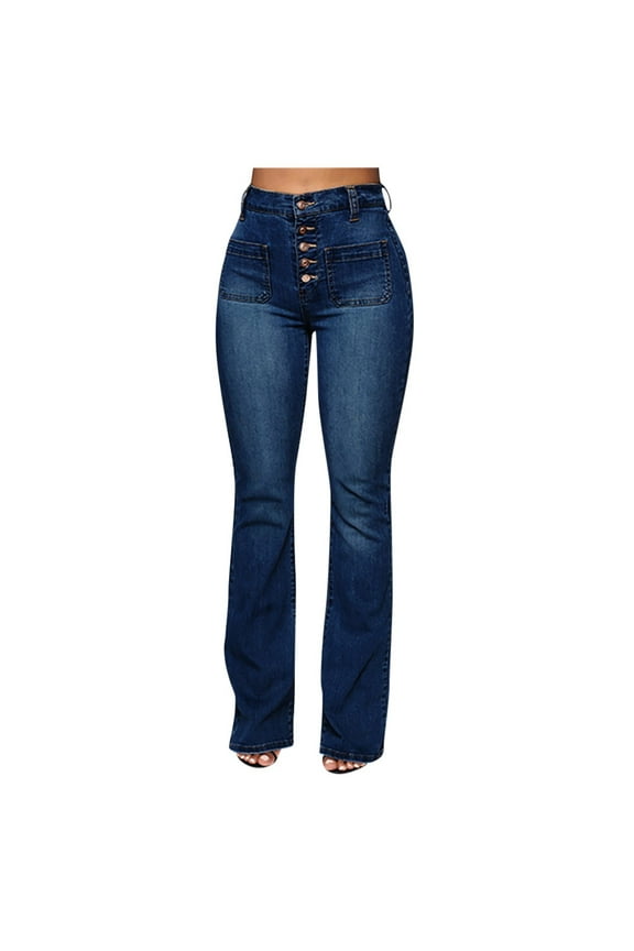 50% off Clear!Jiyugala Women's Jeans Clearance $5 Women Flare Jeans Mid Waist Bell Jeans Stretch Slim Pants Length Jeans