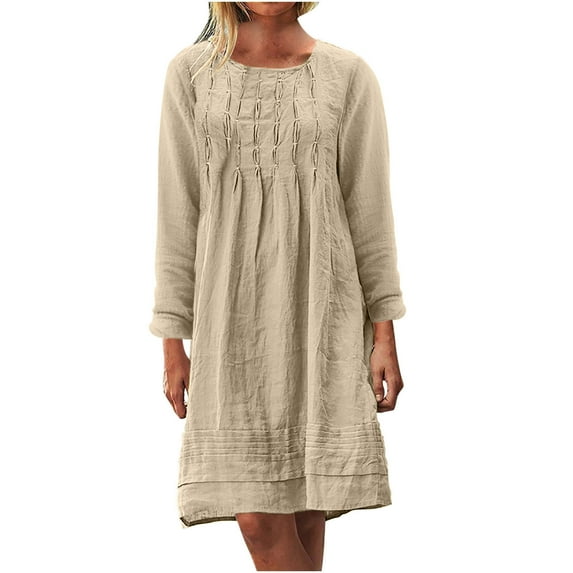 50% off Clear! safuny Women's Maxi Loose Cotton Linen Dress Solid Color Long Sleeve Round Neck Trendy Dresses Elegant Casual Daily Comfy